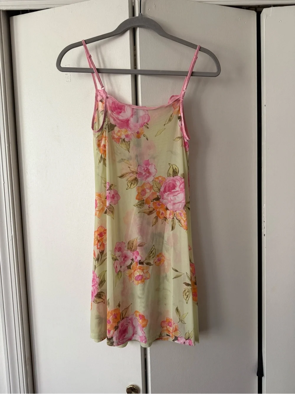 Pink and Green Rose Floral Fairycore Y2K Lace-Trim Slip Dress
